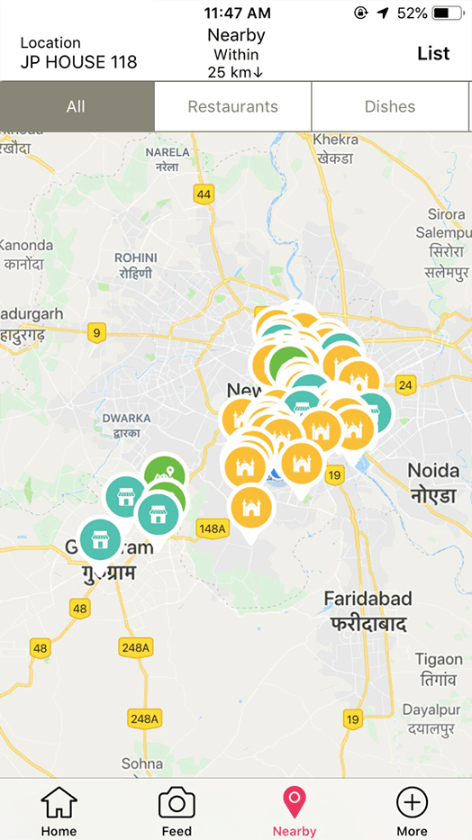 HalalTrip app Nearby screen: a map with pins for halal restaurants and other places close to the user.